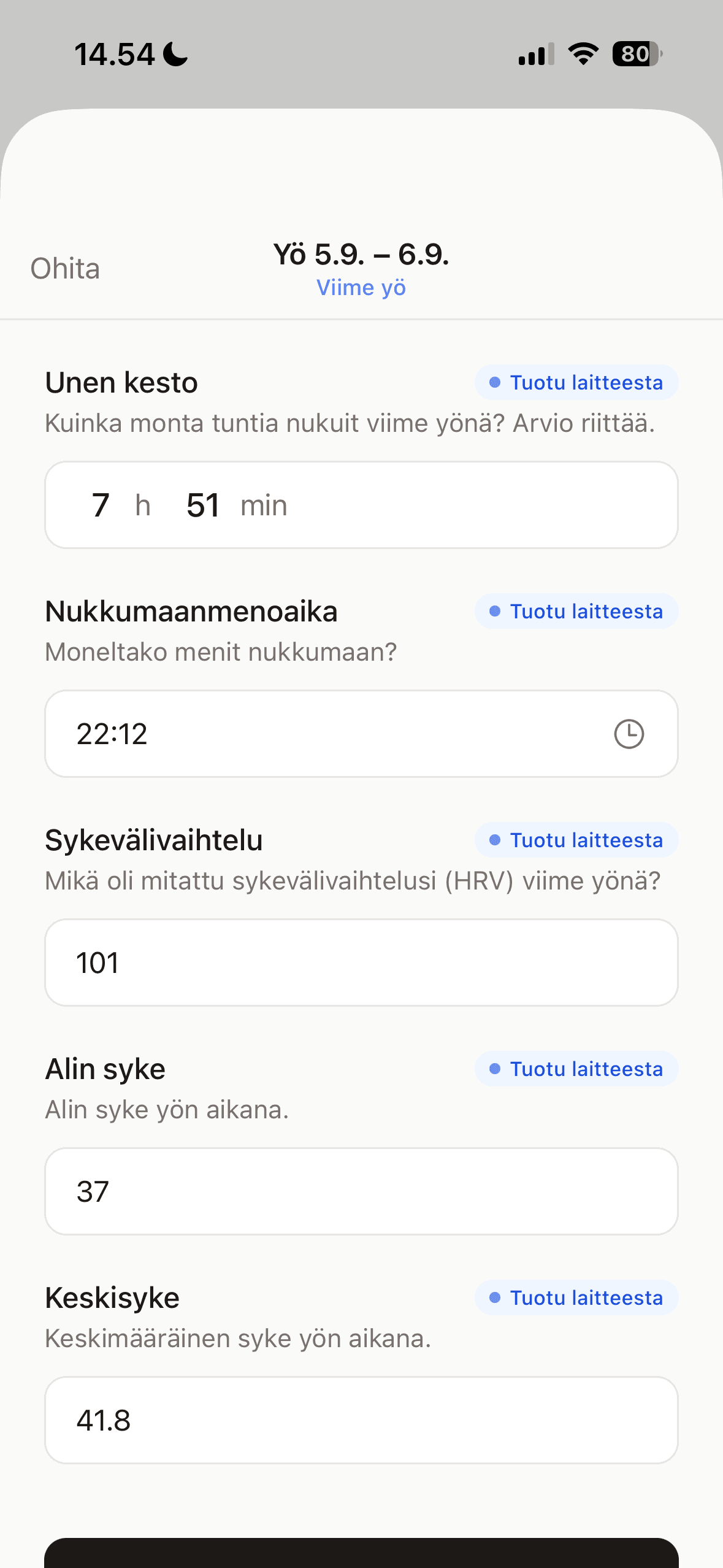 Unen kirjaus — kesto, nukkumaanmenoaika ja syke kellosta