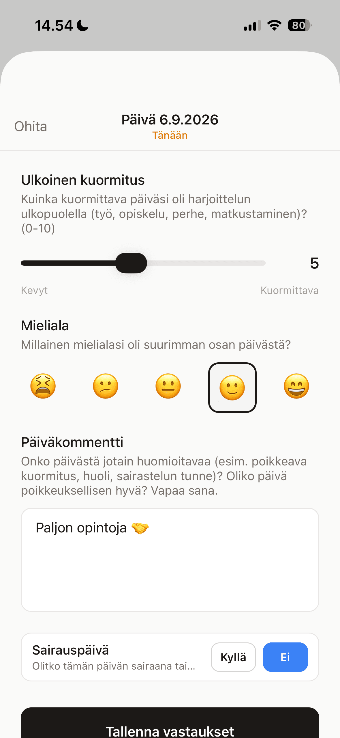 Päivän kuormitus, mieliala ja kommentti