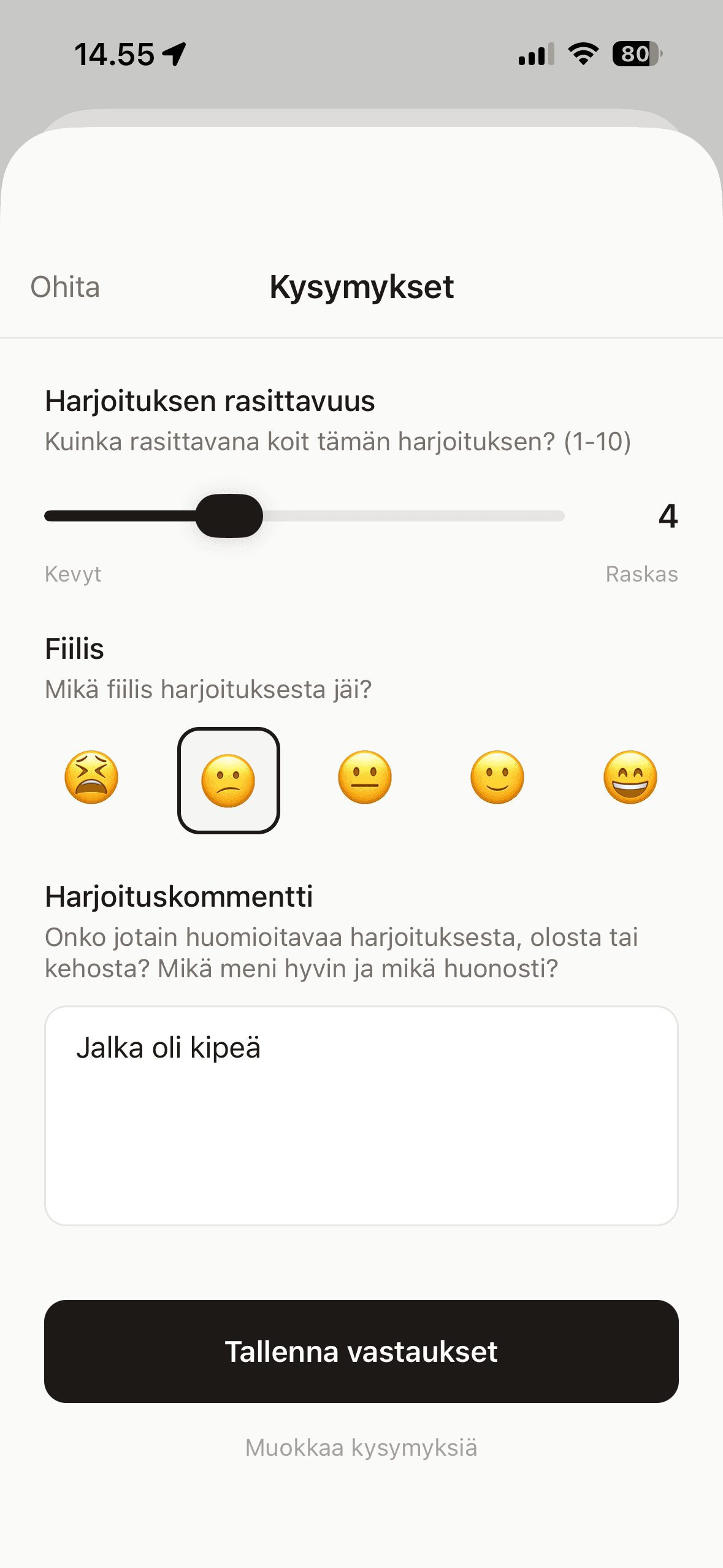 Harjoituksen rasittavuus, fiilis ja palaute