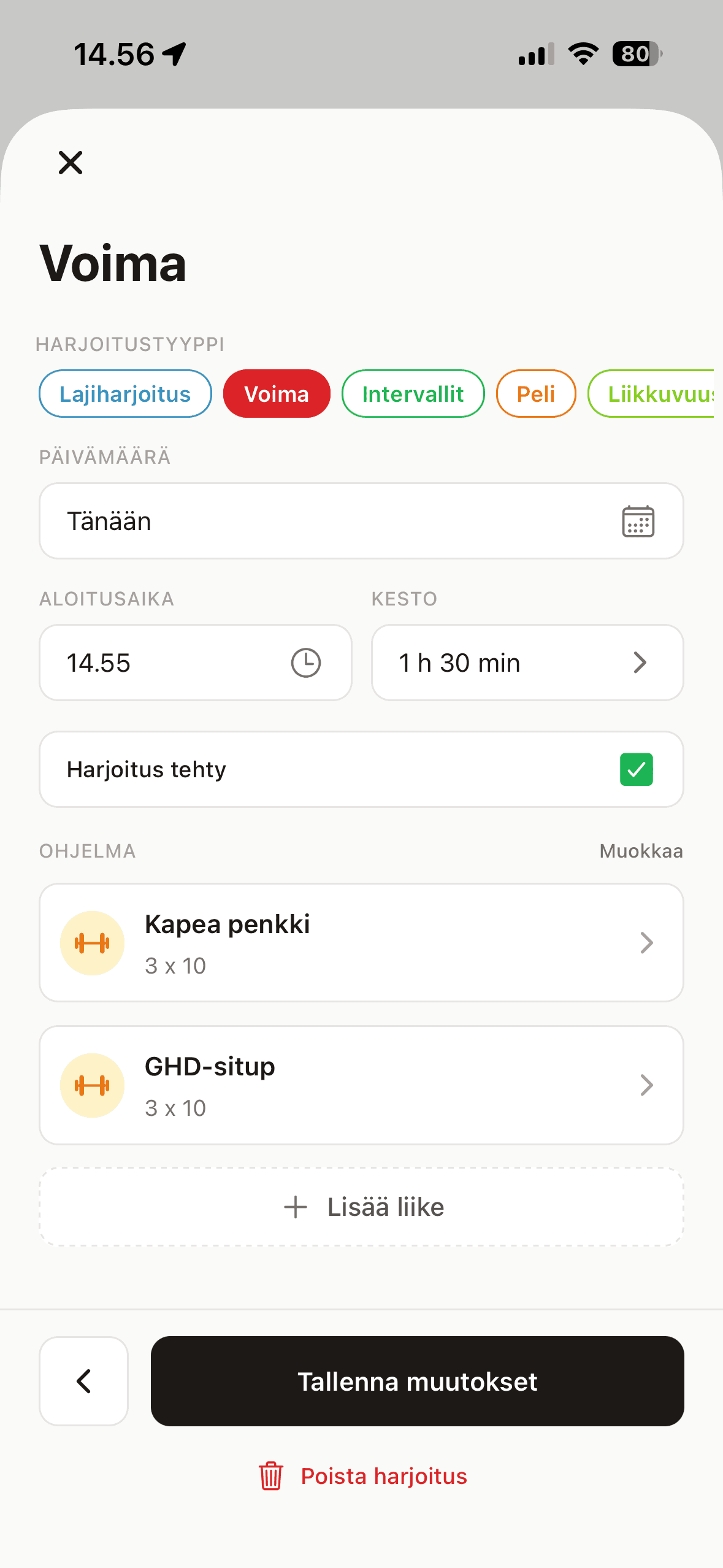 Voimaharjoituksen kirjaus — ohjelma, kesto ja liikkeet