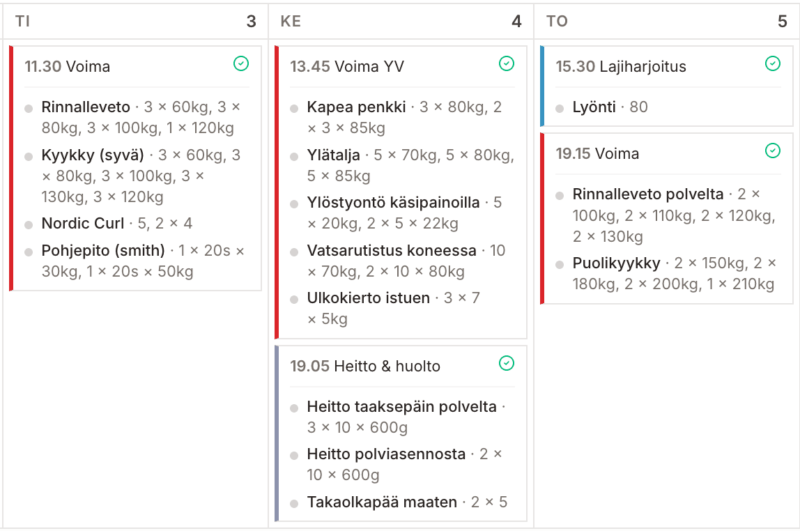 Viikkonäkymä harjoituskalenterista